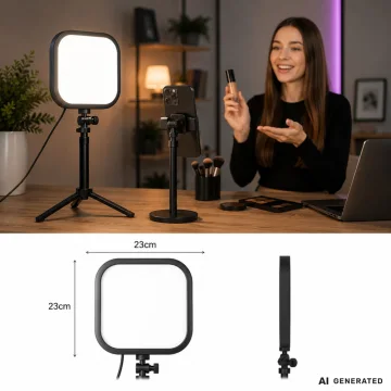 LED лампа за снимки и видео 15 W, 2500–7500 K, 23 × 23 см – черна