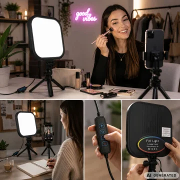 LED лампа за снимки и видео 15 W, 2500–7500 K, 23 × 23 см – черна