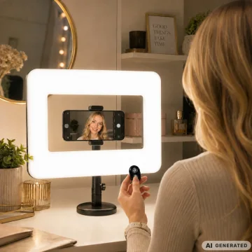LED ринг лампа с държач за телефон, 3 светлини, 12 нива и Bluetooth спусък – бяла