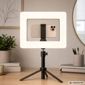 LED ринг лампа с държач за телефон, 3 светлини, 12 нива и Bluetooth спусък – бяла