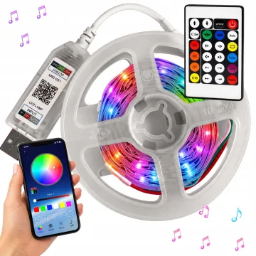 Самозалепваща RGB IC LED лента 5 м, USB 5 V, Bluetooth и дистанционно