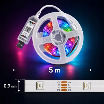 Самозалепваща RGB IC LED лента 5 м, USB 5 V, Bluetooth и дистанционно