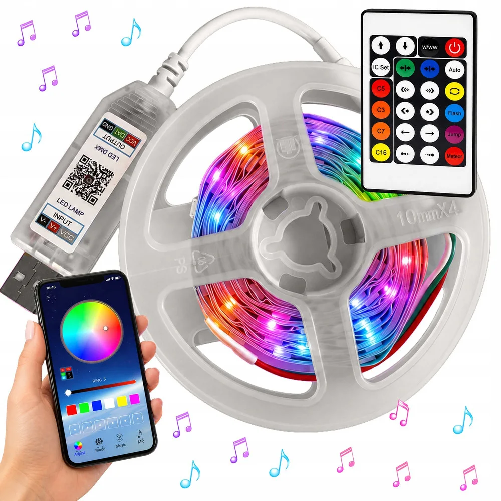 Самозалепваща RGB IC LED лента 10 м, USB 5 V, Bluetooth и дистанционно