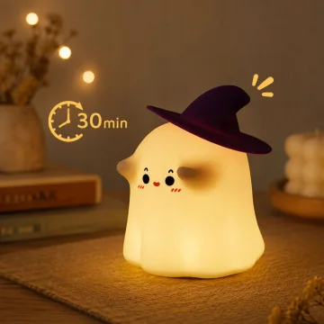 Силиконова LED нощна лампа призрак с шапка, RGB, USB-C, таймер