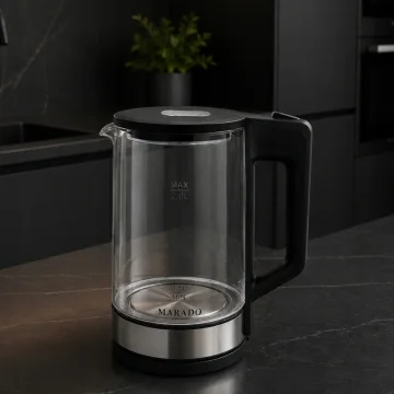 Стъклена електрическа кана 2 л, 1500 W, синя LED подсветка, черна