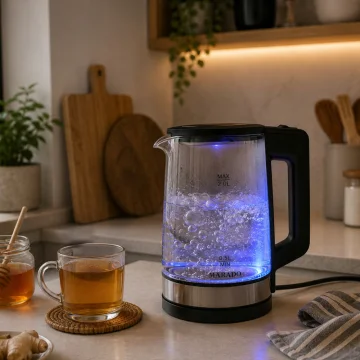 Стъклена електрическа кана 2 л, 1500 W, синя LED подсветка, черна