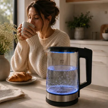 Стъклена електрическа кана 2 л, 1500 W, синя LED подсветка, черна