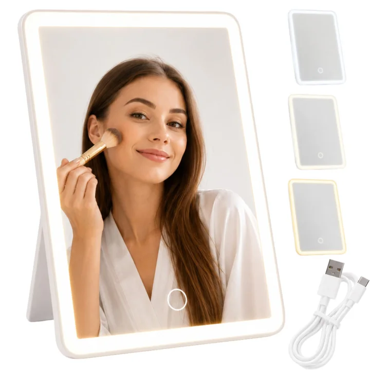 Козметично огледало с LED осветление, 3 цвята светлина и USB-C, бяло