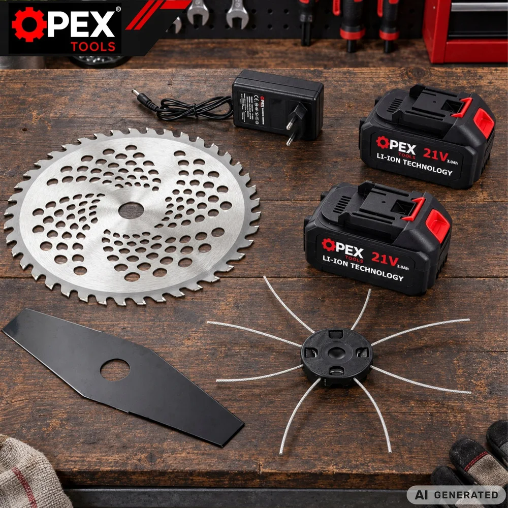 Акумулаторен тример за трева OPEX TOOLS 21 V с 2 батерии по 3 Ah и три режещи приставки