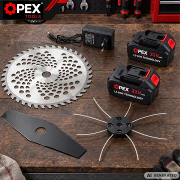 Акумулаторен тример за трева OPEX TOOLS 21 V с 2 батерии по 3 Ah и три режещи приставки