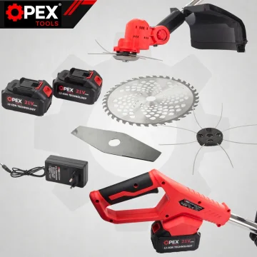 Акумулаторен тример за трева OPEX TOOLS 21 V с 2 батерии по 3 Ah и три режещи приставки