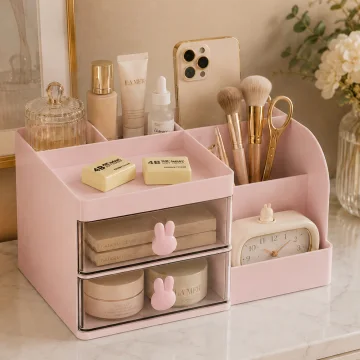Органайзер за бюро и козметика с 2 чекмеджета, 23 × 15 × 11 см, розов