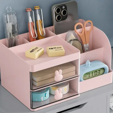 Органайзер за бюро и козметика с 2 чекмеджета, 23 × 15 × 11 см, розов