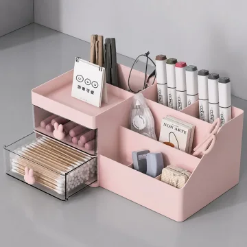 Органайзер за бюро и козметика с 2 чекмеджета, 23 × 15 × 11 см, розов