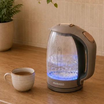 Стъклена електрическа кана 2 л, 1500 W, синя LED подсветка, кафява