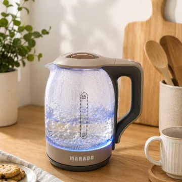 Стъклена електрическа кана 2 л, 1500 W, синя LED подсветка, кафява