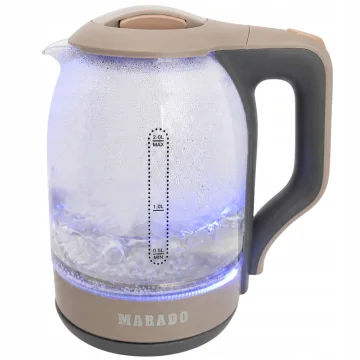 Стъклена електрическа кана 2 л, 1500 W, синя LED подсветка, кафява