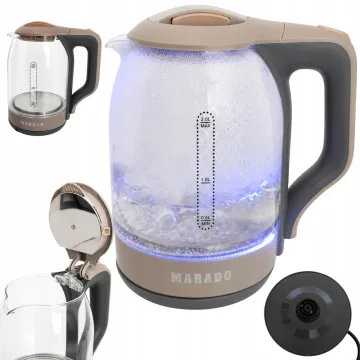 Стъклена електрическа кана 2 л, 1500 W, синя LED подсветка, кафява