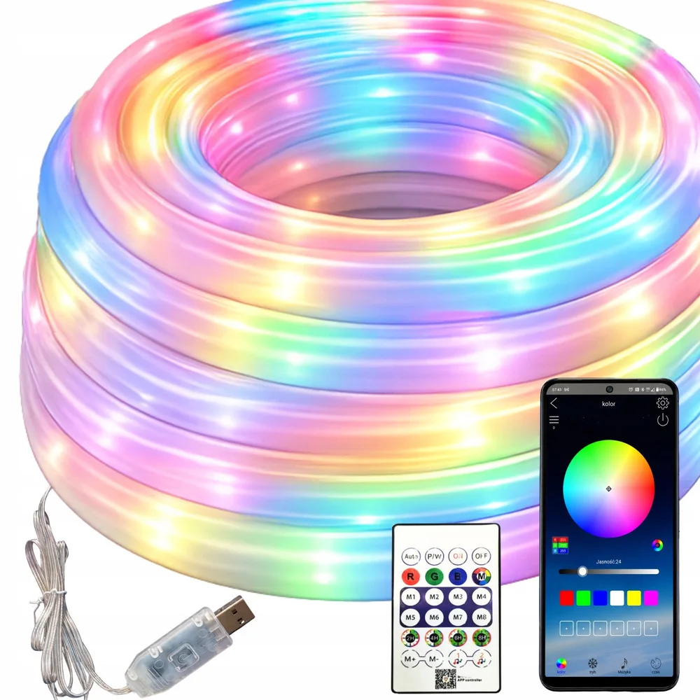 Неонова RGB LED лента 5 м с Bluetooth, USB и дистанционно