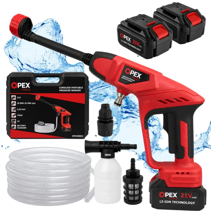 Акумулаторна водоструйка OPEX TOOLS 21 V, 12 bar с 2 батерии по 3 Ah и куфар