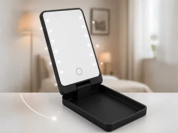 Сгъваемо козметично огледало с LED светлина и завъртане 360°, черно
