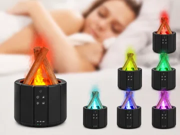 Овлажнител и арома дифузер с RGB светлина и ефект пламък, 250 мл, черен