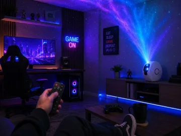 LED проектор галактика и звездно небе с Bluetooth тонколона и дистанционно – бял