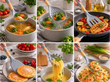 Силиконови кухненски прибори с въртяща стойка, 6 части – сиви