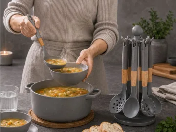 Силиконови кухненски прибори с въртяща стойка, 6 части – сиви