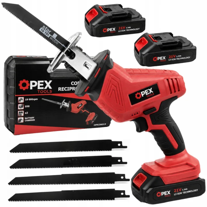 Акумулаторен саблен трион OPEX TOOLS 21 V, 2 батерии и 4 ножа