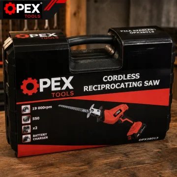 Акумулаторен саблен трион OPEX TOOLS 21 V, 2 батерии и 4 ножа