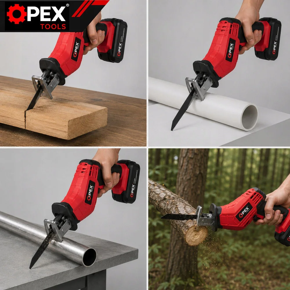 Акумулаторен саблен трион OPEX TOOLS 21 V, 2 батерии и 4 ножа