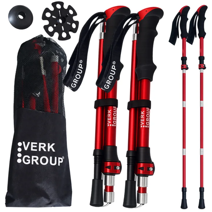 Сгъваеми трекинг щеки Verk Group с Anti-shock и калъф, 2 бр., червени