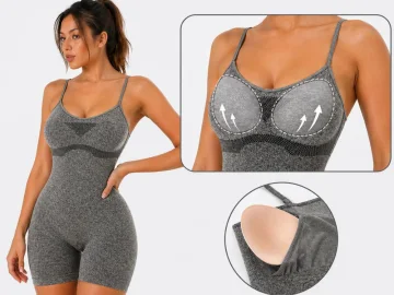 Дамски къс спортен гащеризон с подплънки и push-up ефект – сив, S/M