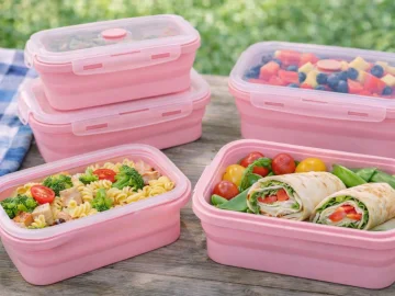 Сгъваеми силиконови кутии за храна с капаци, комплект 4 броя – розови