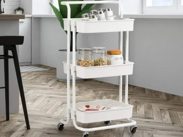 Бяла етажерка на колелца с 3 нива и дръжка, 76 × 43 × 36 см