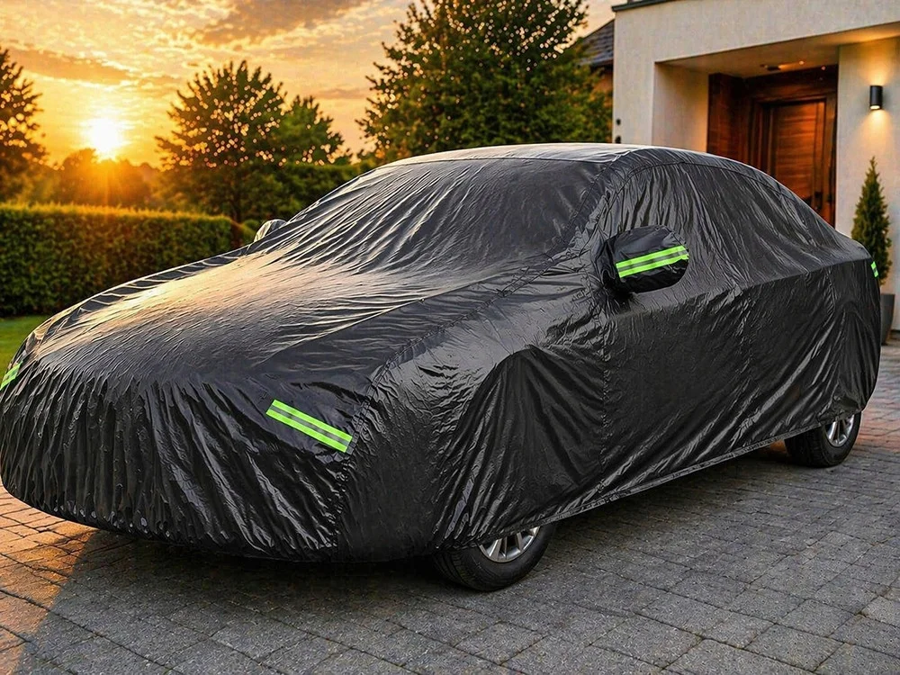Покривало за автомобил с джобове за огледала, M, 140 × 337 × 108 см – черно