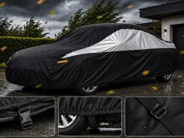 Покривало за автомобил XL с ремъци и калъф, черно и сиво