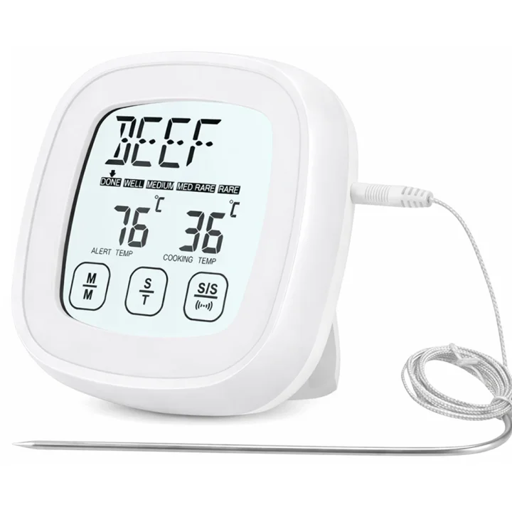 Кухненски термометър за месо със сонда, сензорен LCD и магнити – бял