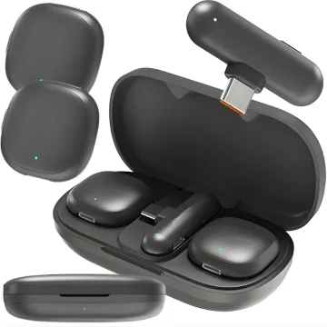 Безжични микрофони брошки, 2 броя с USB-C приемник и заряден кейс