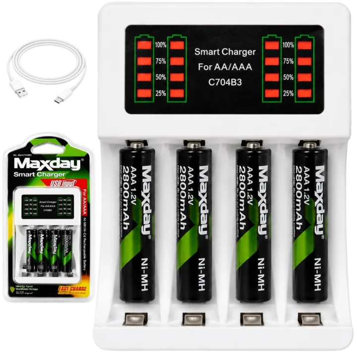Зарядно за акумулаторни батерии AA/AAA с LED и USB-C + 4 акумулаторни батерии AAA