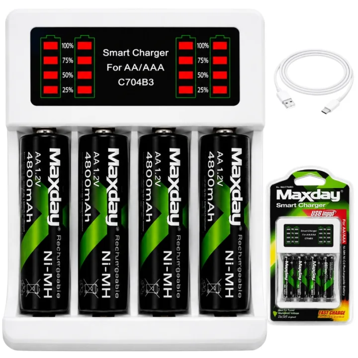 Зарядно за батерии AA/AAA с LED индикация, USB-C и 4 AA батерии