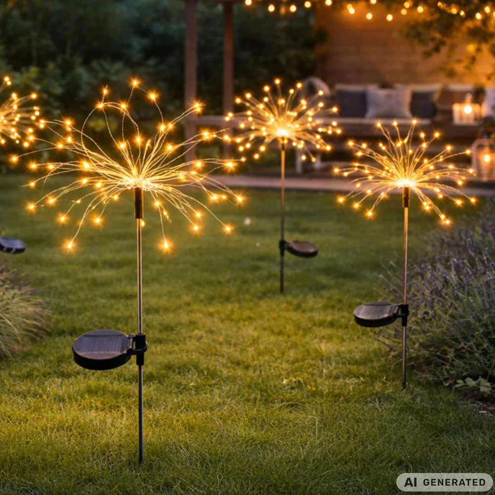 Соларни LED лампи фойерверки с колче, 2 броя, 70 см, топла светлина