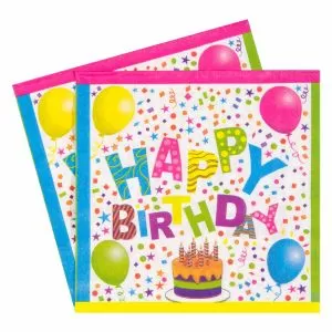 Парти салфетки - цветни - Happy Birthday - 33 х 33 см. - 20 бр.