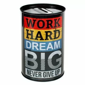 Метална Касичка с Надпис Work Hard Dream Big, Черна, Ø8 x 12 см.