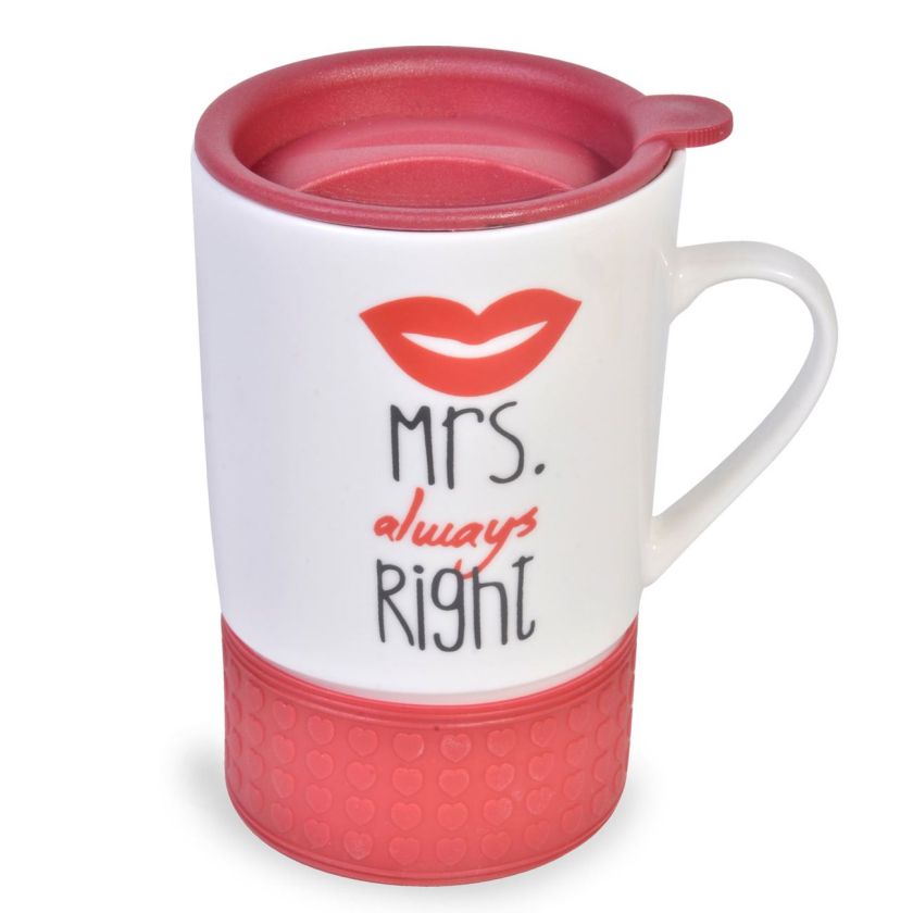 Керамична чаша - с капак - червено и бяло - 400 мл.