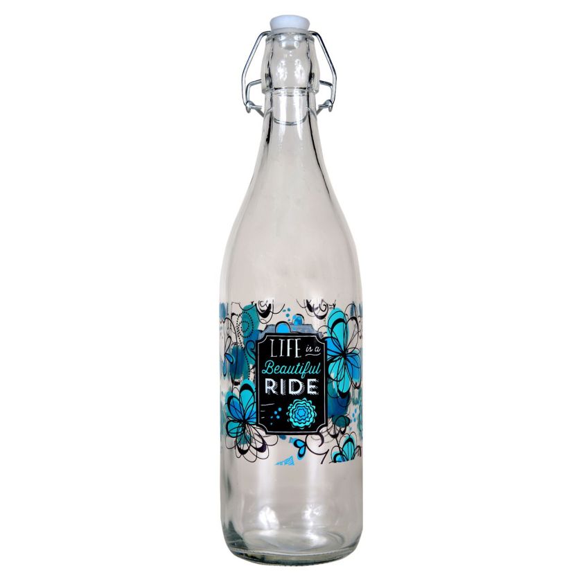 Стъклена бутилка за вода - сини цветя - подвижна запушалка - 1 л.