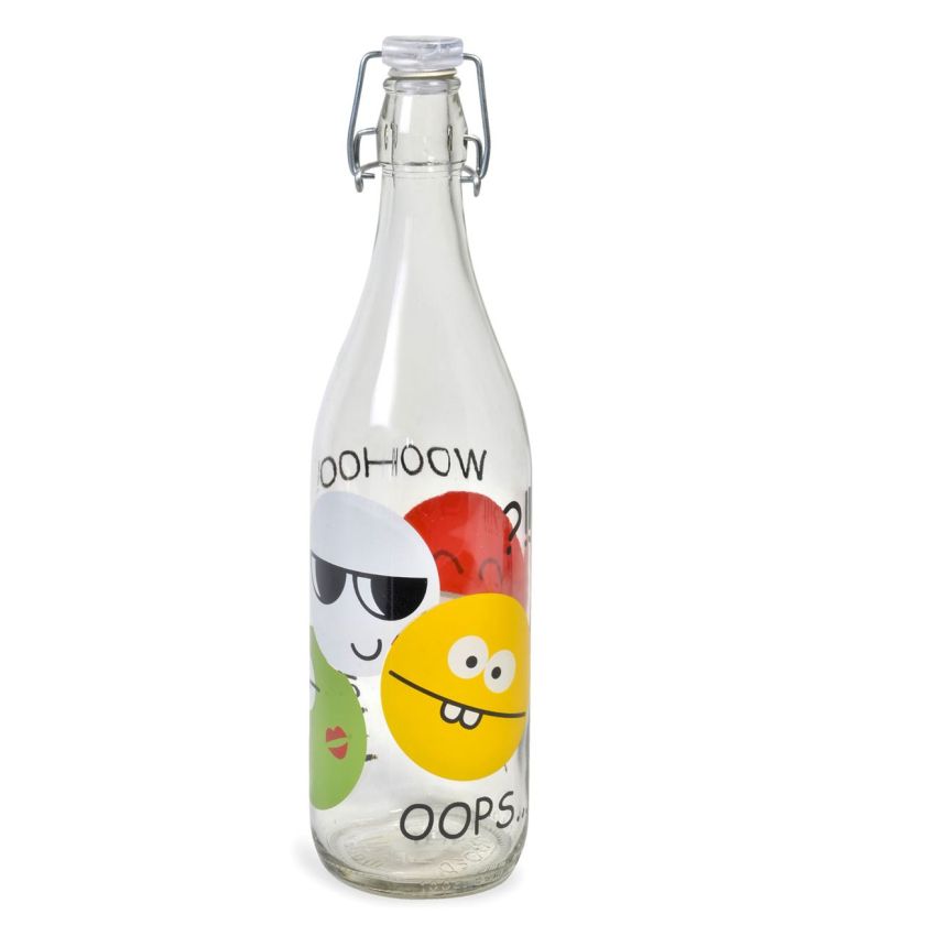 Стъклена бутилка за вода - Emoji - подвижна запушалка - 1 л.