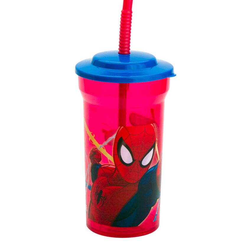 Пластмасова чаша - с капак и сламка - SPIDERMAN - 460 мл.