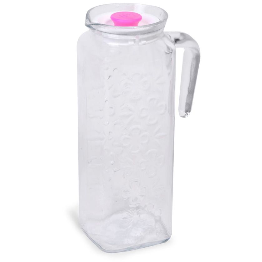 Кана - стъклена - прозрачна - розов капак - 1.2 л.